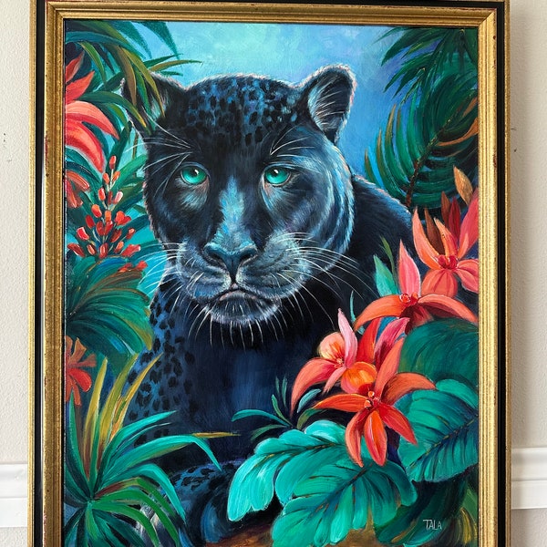 Wild cat black panther in jungle original art oil painting 28x22