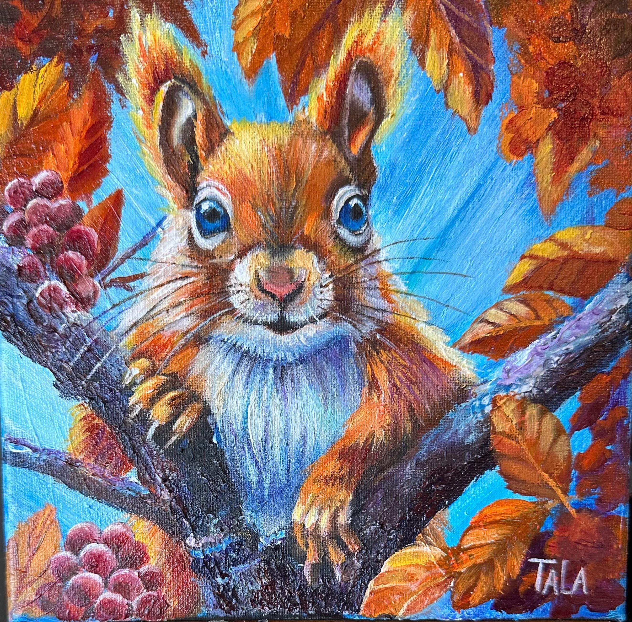 Smiling squirrel original hand painted art cute wild squirrel 8x8 framed