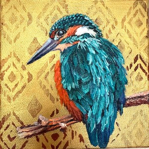 Kingfisher bird with gold background original art oil painting 6x6