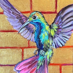 Hummingbird with golden background original acrylic painting handmade 7x5 framed