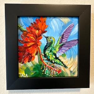Red flower and happy green hummingbird original art 6x6