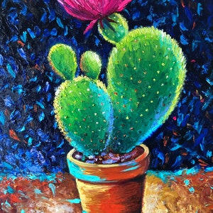 Bright cactus impasto original oil painting custom made to order.