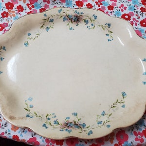 Puede incluir: Una fuente ovalada blanca para servir con borde festoneado y un delicado diseño floral con nomeolvides azules y hojas verdes.