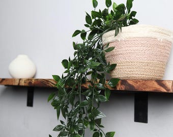 May include: A wooden shelf with a white vase and a hanging plant in a pink and white woven basket. The shelf is mounted to a white wall with black metal brackets.