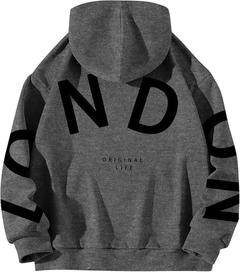 May include: A gray hooded sweatshirt with the word "LONDON" printed in black on the front and sleeves. The text "ORIGINAL LIFE" is printed in black below the word "LONDON".