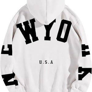 May include: White hooded sweatshirt with black lettering that says "NEW YORK" and "U.S.A."