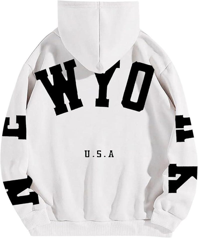 May include: White hooded sweatshirt with black lettering that says "NEW YORK" and "U.S.A."