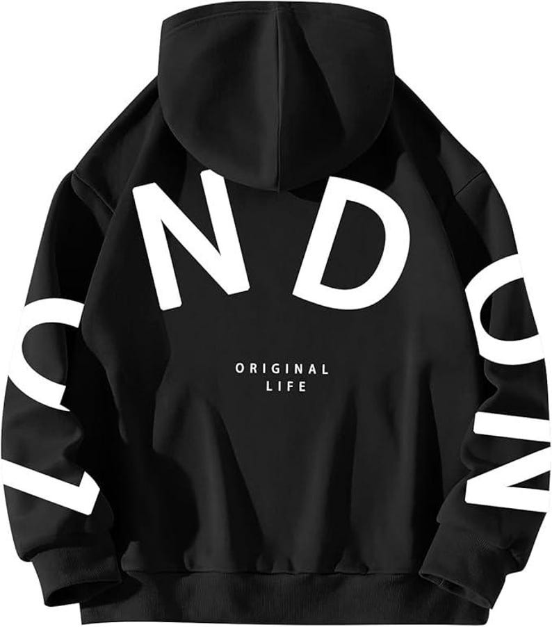 May include: Black hooded sweatshirt with white lettering that says "LONDON" on the front and "ORIGINAL LIFE" on the back.