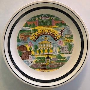 Vintage 1970&#39;s, Tennessee, Loretta Lynn, Souvenir Plate, Turquoise and Gold Edge, State Landmark, Road Trip Plate, Mosaic Project, Retro