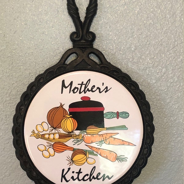 Vintage Cast Iron and Tile Trivet, Mother's Kitchen, Pot and Veggies, Decorative trivet