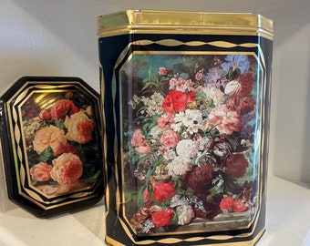 Vintage 1980s, Made in England, Peonies Bouquet Art, Colorful Metal Tin, Tea Container, Cookie Container, Floral Tin, Peonies Bouquet, Gift