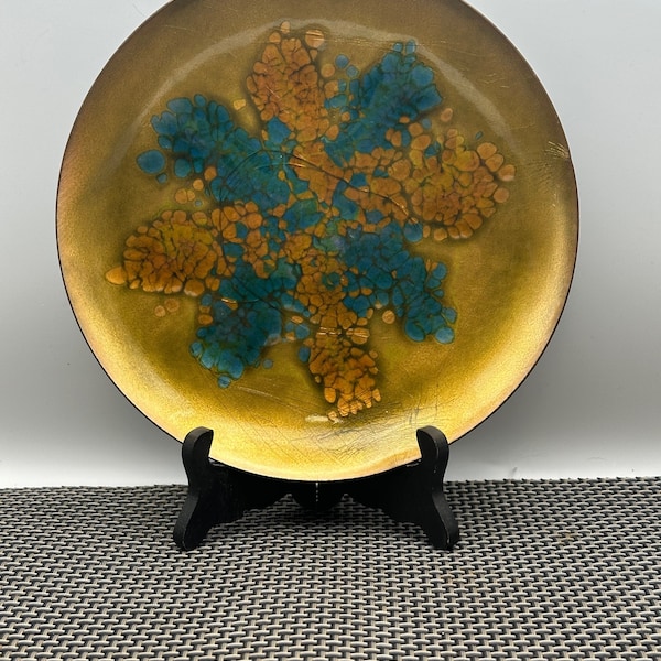 Vintage 1960s, Kareka, Hyannis Cape Cod, Enamel on Copper, Amber and Teal, Low bowl, Decorative Plate, Turquoise Gold, MCM, Key holder