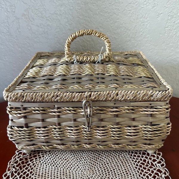 Vintage 1950s, Sewing Basket, Made in Japan, Style USB-45, Sisel Wrapped, Sewing Kit, Sewing Pouch, Made to Sew, Wicker Look, USB Made
