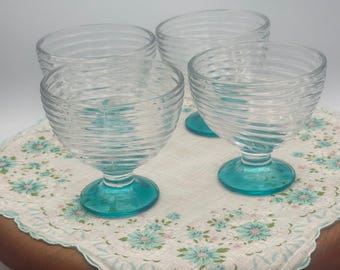 Platos de postre de cristal con diseño en espiral estilo vintage, con base de pedestal color azul verdoso (juego de 4)