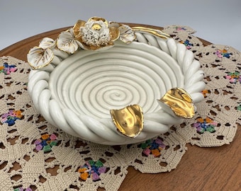 Vintage 1950s Regency Ashtray, Gold Floral Accent, MCM Decor