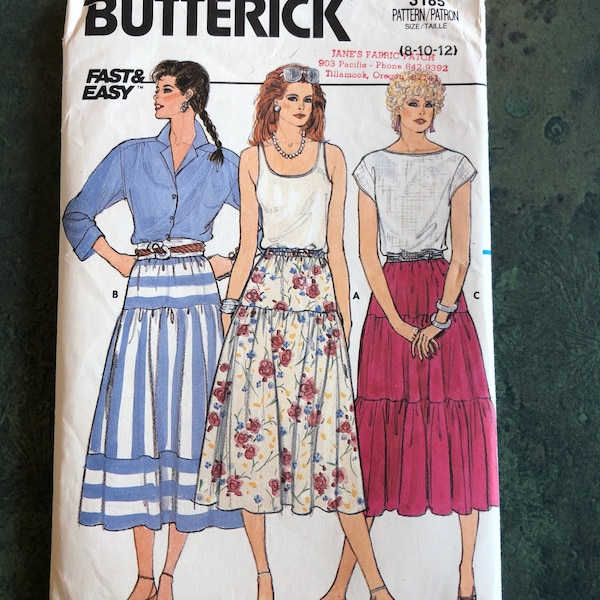Vintage 1980s, Butterick Pattern #3185, Size 8-10-12, Misses Skirt, Dirndl, 1980s Vibe, Boho Chic, Sew It, Timeless Fashion, Retro Style