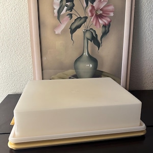 May include: A rectangular, off-white plastic container with a matching lid, set on a yellow base. The container is in front of a framed floral painting with pink and white flowers in a green vase.