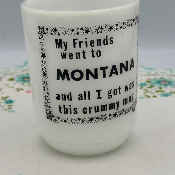 Vintage 1970s, Montana Souvenir Mug, Anchor Hocking, #80/301, Oven Proof, Friendship Mug, Succulent Container, Milk Glass Mug, Black White