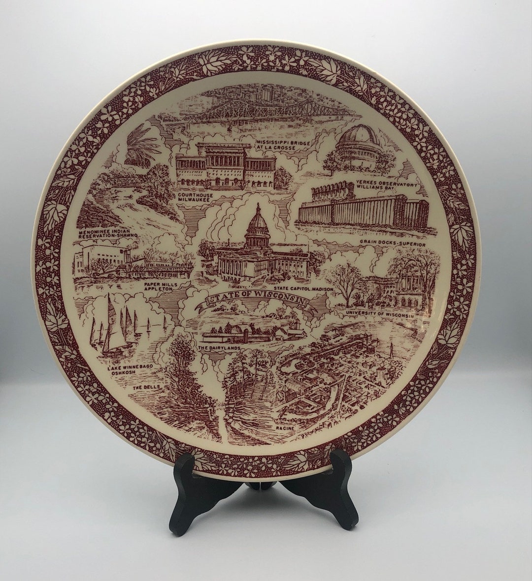 Vintage 1940s Souvenir Plate wisconsin, Vernon Kilns, Red Transferware, La Crosse, Lake