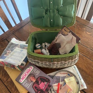 Vintage 1960s, Sewing Basket, Made in Japan, Wicker and Wood, FILLED with Goodies, Sewing Accessories, Pin Cushion, Sewing Kit, Patterns