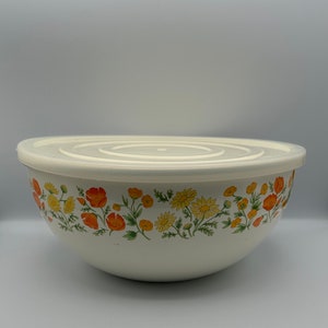 Vintage 1980s, Kobe Large Mixing Bowl, Poppies Marigolds, With Lid, 11" Diameter, Extra Large, Retro Kitchen, Kitchen Kitsch, Vibrant Colors