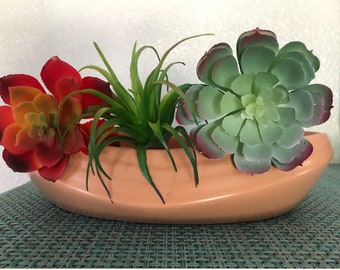 Vintage Bauer "Swoop" Low bowl, Succulent Planter, Peach, 1960s, MCM Style, Marked Bauer, Made in USA