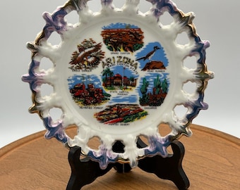 Vintage 1950s, Arizona Souvenir Plate, The Grand Canyon State, Petrified Forest, Eagle Dancer, Grand Canyon, Road Runner, Saguaros, Gold Rim