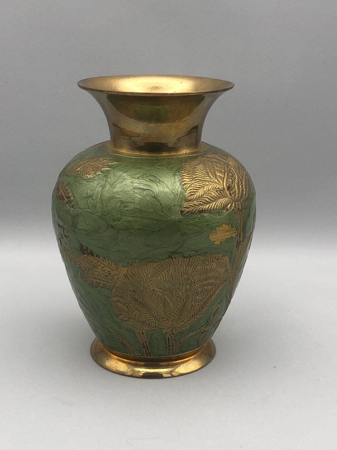 Vintage Enameled Brass Vase, Accents in Brass, Sedona AZ, Green Vase