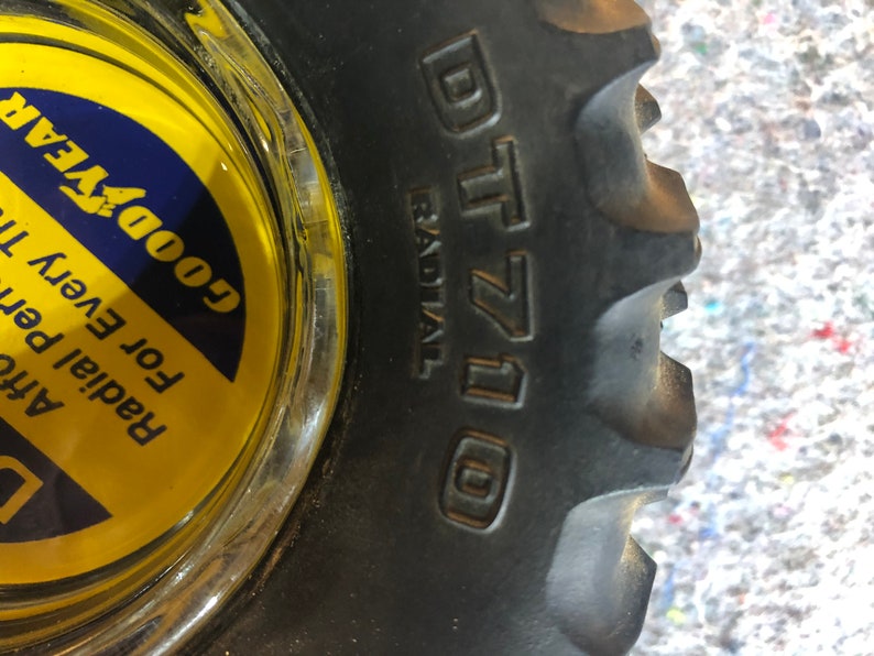 Vintage GoodYear DT710 Tractor Tire Ashtray  Collectible Automotive  Bright Yellow