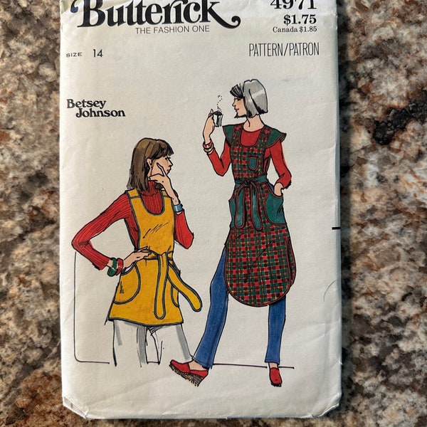 Vintage 1970s, Butterick Pattern #4971, UNCUT, Betsey Johnson, Tunic, Apron Pinafore - Size 14, Designer, Boho Chic, 70s Vibe, Early Betsey