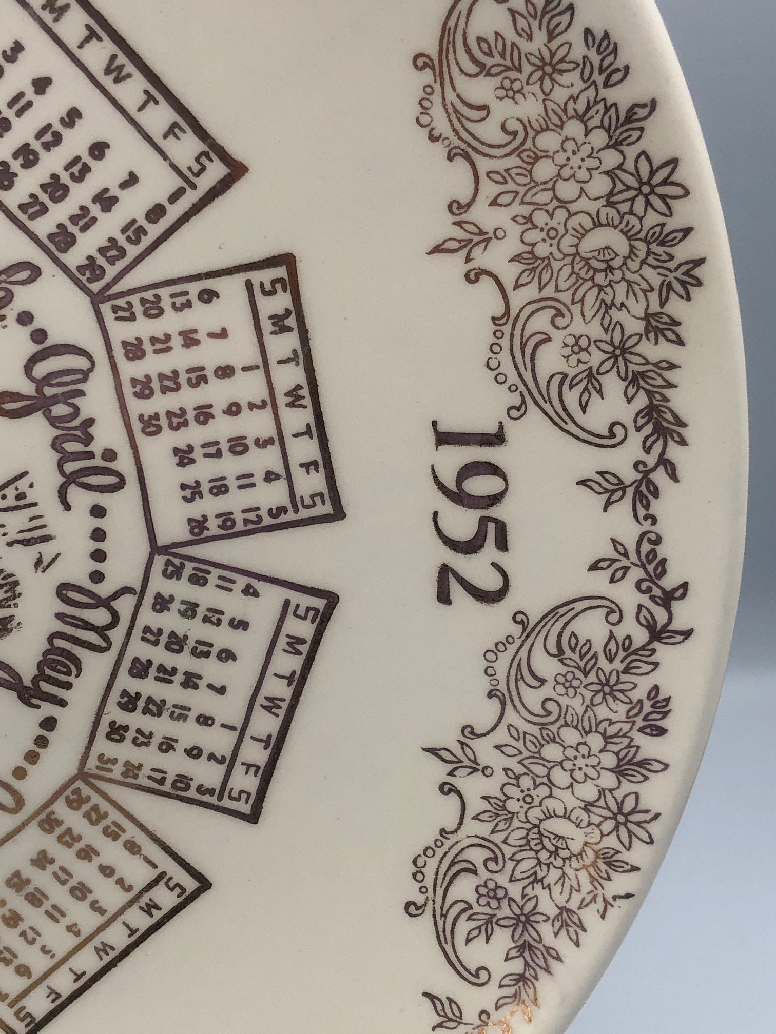 Vintage 1952, Calendar Plate, Gold Decorative Plate, Windmill and Ship,  Made in the USA, Vintage 1950s, Gold Floral, Birthday Gift, Birthday - Etsy