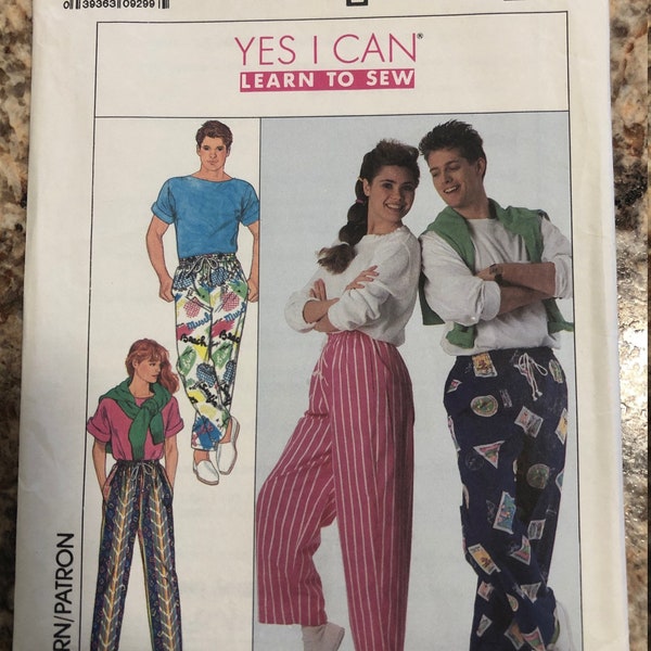 UNCUT, Simplicity #9240, YES I Can Learn to Sew!, Size Lg, 1989, Misses', Men's or Teen boys Loose Fitting Pull On Pants, Hammer Time Pants