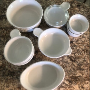 Vintage French White, White, Corning Ware , Assortment, Grab It, Oblong Casserole, 7 oz Ramekins, 2 Tab Grab It, 1 1/2 Quart, Ribbed