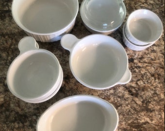 Vintage French White, White, Corning Ware , Assortment, Grab It, Oblong Casserole, 7 oz Ramekins, 2 Tab Grab It, 1 1/2 Quart, Ribbed