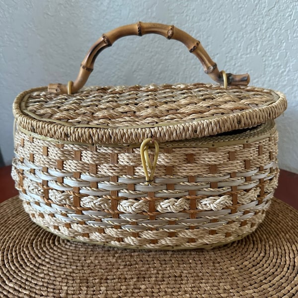 Vintage 1950s, Sewing Basket, Made in Japan, Bamboo Handle, Style 474, Sisel Wrapped, Sewing Kit, Sewing Pouch, Made to Sew, Wicker Look