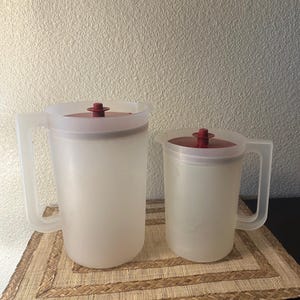 Vintage 1980s Tupperware Pitcher, Choose Size, Opaque w/ Red Lid, Push Button Lid