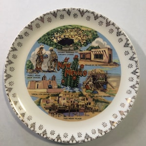 Vintage New Mexico State Souvenir, 7.5&quot;, Santa Fe, Carlsbad Caverns, Mosaic Project, Gold Trim, Pueblo Indian Hoop, Taos Indian Village