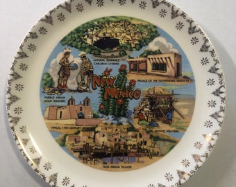 Vintage New Mexico State Souvenir, 7.5", Santa Fe, Carlsbad Caverns, Mosaic Project, Gold Trim, Pueblo Indian Hoop, Taos Indian Village