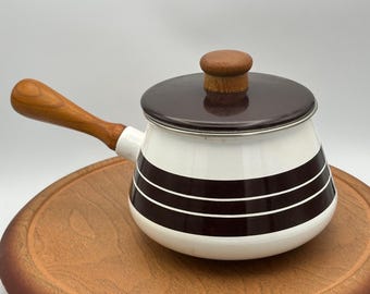 Vintage 1970s, Levcoware Fondue Pot, Enameled Metal, Wooden Handle