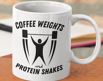 Funny Gym Mug: Coffee, Weights & Protein Shakes - Fitness Gift