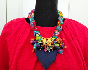 Fabric and Mexican Palm Bead Cluster Necklace, Fiesta-Inspired Necklace, Heart Pendant Bead Bib Necklace