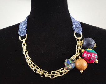 Handmade Bead Dangle Necklace, Gold Chain, Navy Fabric Tie