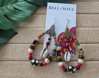 Cowrie Shell Teardrop Hoops | African Bead Statement Earrings