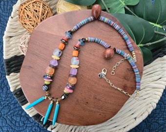 African Trade Bead Necklace | Colorful Boho Statement Jewelry | Turquoise Necklace