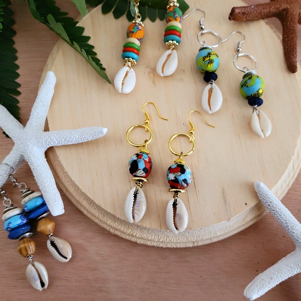 African Recycled Glass Beads and Cowrie Shell Earrings, Krobo Bead Earrings, Beaded Drop Earrings, Summer Earrings