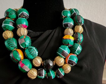 Two-Strand Fabric Covered Bead Necklace, African Fabric Bead Necklace, Chunky Bead Necklace