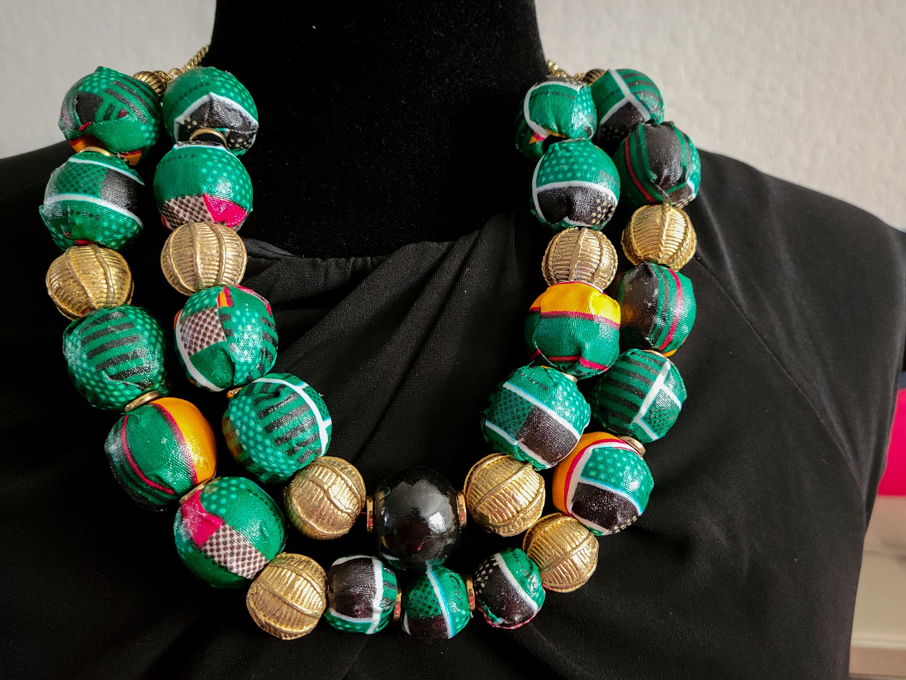 Twostrand Fabric Covered Bead Necklace, African Fabric Bead Necklace