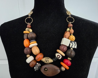 Tribal African Brass & Wood Bead Necklace | Unisex Batik Bone Copal Statement