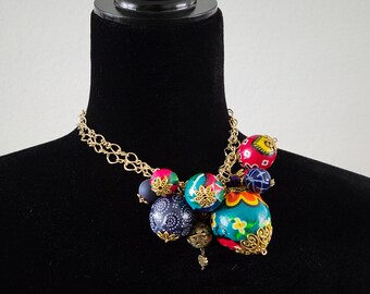 Jumbo Bead Cluster Choker, Statement Necklace, Fabric Bead Cluster Necklace