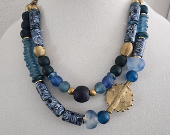 African Recycled Glass Necklace | Blue Krobo Beads Brass Sun Focal | Two Strand Ethnic Jewelry